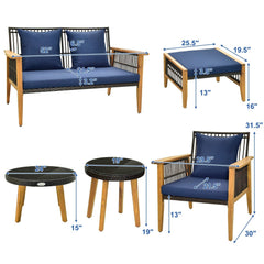 7 Piece Acacia and Rattan Patio Conversation Set with 2 Ottomans and 2 Round Glass Tables, Navy