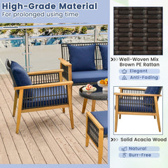 7 Piece Acacia and Rattan Patio Conversation Set with 2 Ottomans and 2 Round Glass Tables, Navy