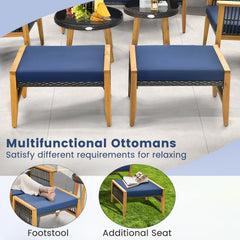 7 Piece Acacia and Rattan Patio Conversation Set with 2 Ottomans and 2 Round Glass Tables, Navy