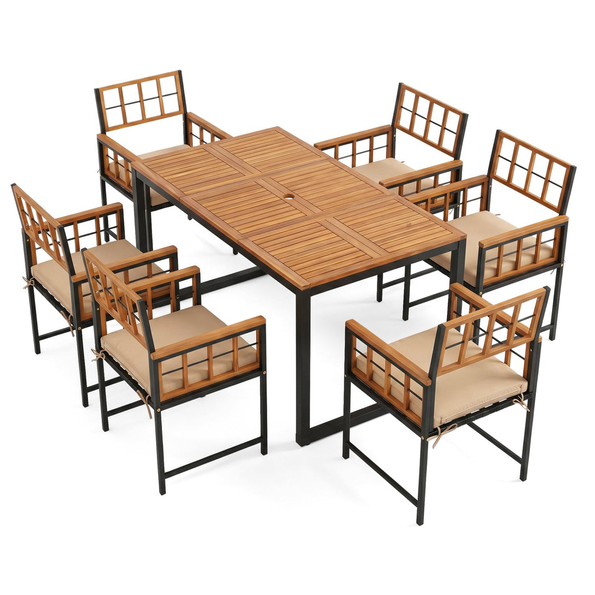 7 Piece Acacia and Steel Patio Dining Set for 6, 63 Inch Table and Six Lattice Back Armchairs, Natural and Black