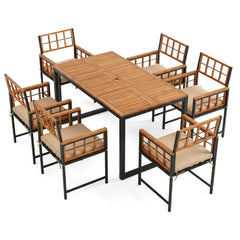 7 Piece Acacia and Steel Patio Dining Set for 6, 63 Inch Table and Six Lattice Back Armchairs, Natural and Black