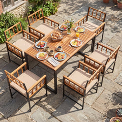 7 Piece Acacia and Steel Patio Dining Set for 6, 63 Inch Table and Six Lattice Back Armchairs, Natural and Black