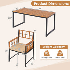 7 Piece Acacia and Steel Patio Dining Set for 6, 63 Inch Table and Six Lattice Back Armchairs, Natural and Black