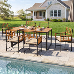 7 Piece Acacia and Steel Patio Dining Set for 6, 63 Inch Table and Six Lattice Back Armchairs, Natural and Black