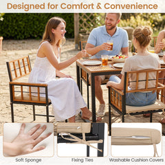 7 Piece Acacia and Steel Patio Dining Set for 6, 63 Inch Table and Six Lattice Back Armchairs, Natural and Black