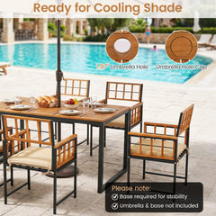 7 Piece Acacia and Steel Patio Dining Set for 6, 63 Inch Table and Six Lattice Back Armchairs, Natural and Black