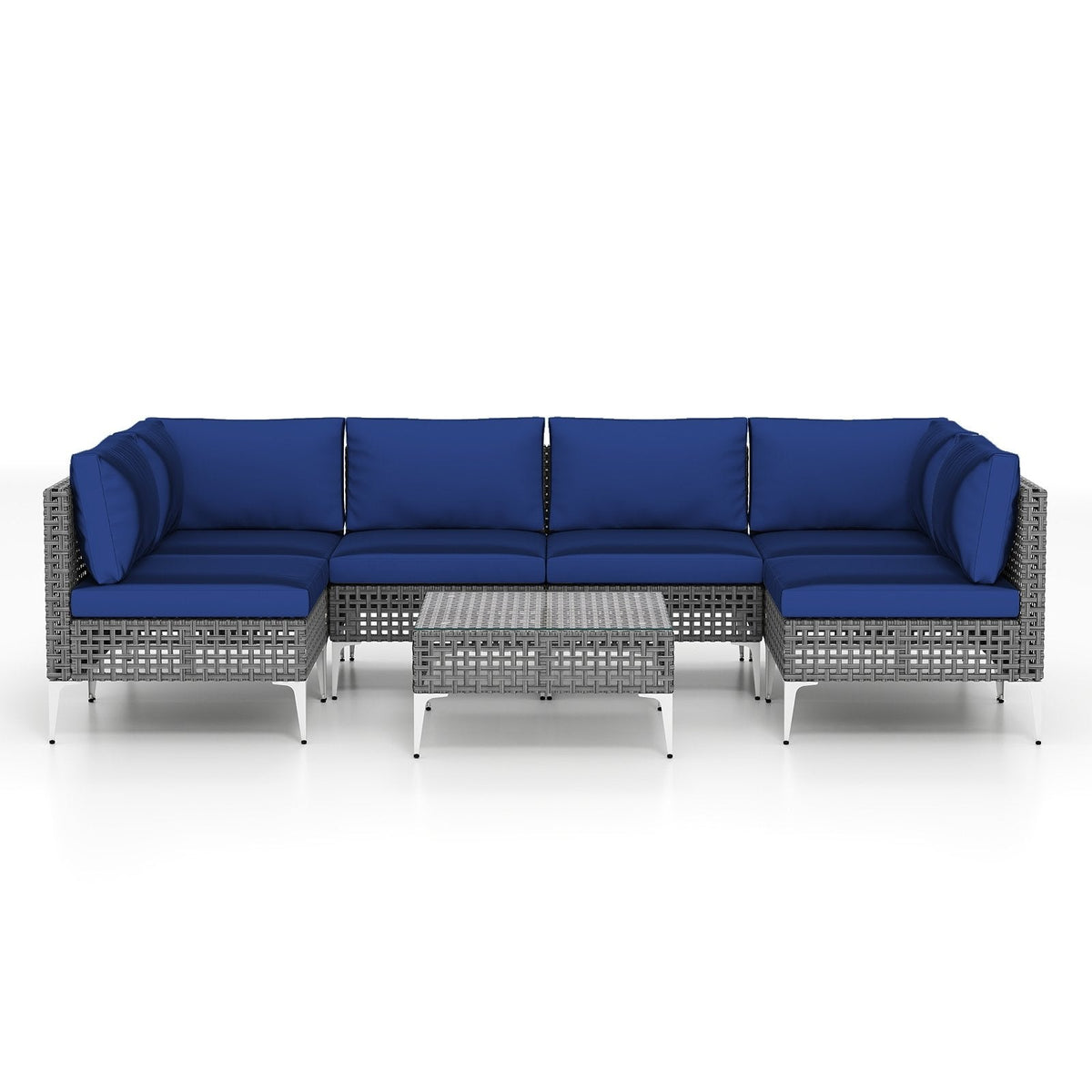 7 Piece Gray Wicker Patio Sectional Conversation Set with Glass Top Coffee Table, Navy