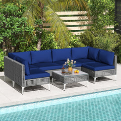 7 Piece Gray Wicker Patio Sectional Conversation Set with Glass Top Coffee Table, Navy