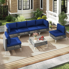 7 Piece Gray Wicker Patio Sectional Conversation Set with Glass Top Coffee Table, Navy