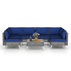 7 Piece Gray Wicker Patio Sectional Conversation Set with Glass Top Coffee Table, Navy