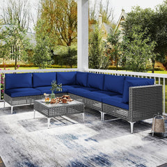 7 Piece Gray Wicker Patio Sectional Conversation Set with Glass Top Coffee Table, Navy