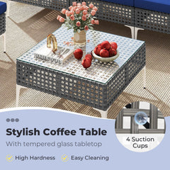 7 Piece Gray Wicker Patio Sectional Conversation Set with Glass Top Coffee Table, Navy