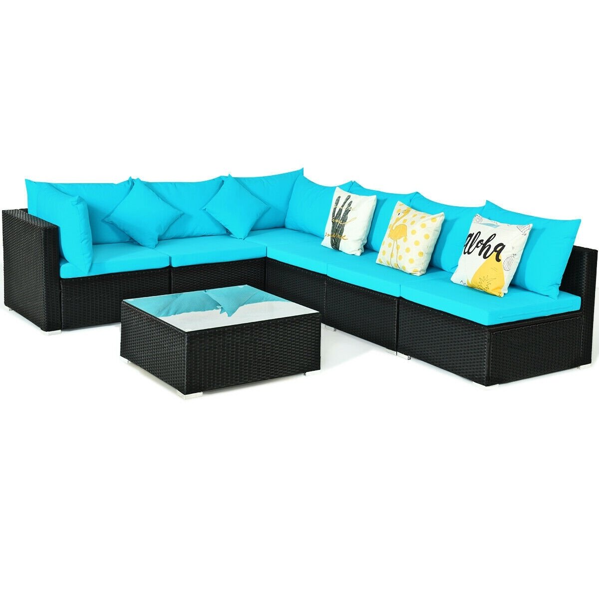 7 Piece Wicker Patio Sectional Sofa Set, Corner and Armless Seats with 29 Inch Glass Table, Turquoise on Black