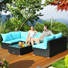 7 Piece Wicker Patio Sectional Sofa Set, Corner and Armless Seats with 29 Inch Glass Table, Turquoise on Black