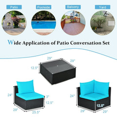 7 Piece Wicker Patio Sectional Sofa Set, Corner and Armless Seats with 29 Inch Glass Table, Turquoise on Black