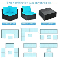 7 Piece Wicker Patio Sectional Sofa Set, Corner and Armless Seats with 29 Inch Glass Table, Turquoise on Black
