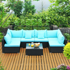 7 Piece Wicker Patio Sectional Sofa Set, Corner and Armless Seats with 29 Inch Glass Table, Turquoise on Black