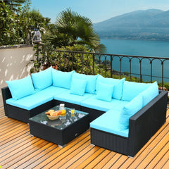 7 Piece Wicker Patio Sectional Sofa Set, Corner and Armless Seats with 29 Inch Glass Table, Turquoise on Black