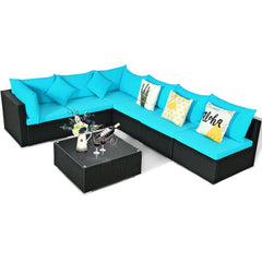 7 Piece Wicker Patio Sectional Sofa Set, Corner and Armless Seats with 29 Inch Glass Table, Turquoise on Black