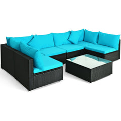 7 Piece Wicker Patio Sectional Sofa Set, Corner and Armless Seats with 29 Inch Glass Table, Turquoise on Black