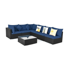 7 Piece Outdoor Wicker Sectional Set, 6 Seats and Glass Table on L Shaped Aluminium Feet, Navy on Black