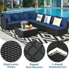 7 Piece Outdoor Wicker Sectional Set, 6 Seats and Glass Table on L Shaped Aluminium Feet, Navy on Black