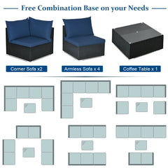7 Piece Outdoor Wicker Sectional Set, 6 Seats and Glass Table on L Shaped Aluminium Feet, Navy on Black