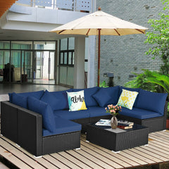 7 Piece Outdoor Wicker Sectional Set, 6 Seats and Glass Table on L Shaped Aluminium Feet, Navy on Black