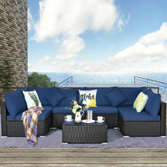 7 Piece Outdoor Wicker Sectional Set, 6 Seats and Glass Table on L Shaped Aluminium Feet, Navy on Black