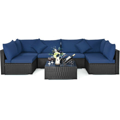 7 Piece Outdoor Wicker Sectional Set, 6 Seats and Glass Table on L Shaped Aluminium Feet, Navy on Black