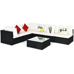 7 Piece Outdoor Wicker Sectional Sofa Set, 2 Corners, 4 Armless Seats and Glass Table, Cream on Black
