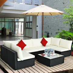 7 Piece Outdoor Wicker Sectional Sofa Set, 2 Corners, 4 Armless Seats and Glass Table, Cream on Black