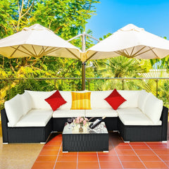 7 Piece Outdoor Wicker Sectional Sofa Set, 2 Corners, 4 Armless Seats and Glass Table, Cream on Black