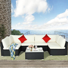 7 Piece Outdoor Wicker Sectional Sofa Set, 2 Corners, 4 Armless Seats and Glass Table, Cream on Black