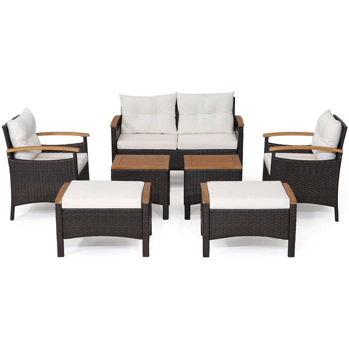 7 Piece Wicker Patio Conversation Set with Acacia Armrests, 2 Ottomans and 2 Side Tables, Off White