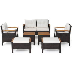 7 Piece Wicker Patio Conversation Set with Acacia Armrests, 2 Ottomans and 2 Side Tables, Off White