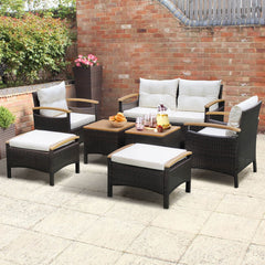 7 Piece Wicker Patio Conversation Set with Acacia Armrests, 2 Ottomans and 2 Side Tables, Off White