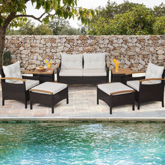 7 Piece Wicker Patio Conversation Set with Acacia Armrests, 2 Ottomans and 2 Side Tables, Off White