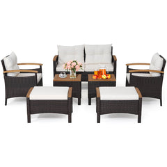 7 Piece Wicker Patio Conversation Set with Acacia Armrests, 2 Ottomans and 2 Side Tables, Off White