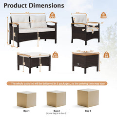 7 Piece Wicker Patio Conversation Set with Acacia Armrests, 2 Ottomans and 2 Side Tables, Off White