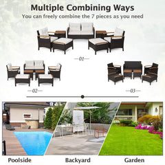 7 Piece Wicker Patio Conversation Set with Acacia Armrests, 2 Ottomans and 2 Side Tables, Off White