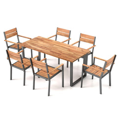 7 Piece Acacia Patio Dining Set for 6, 63 Inch Table with Lidded 2 Inch Umbrella Hole and 6 Stackable Armchairs