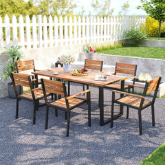 7 Piece Acacia Patio Dining Set for 6, 63 Inch Table with Lidded 2 Inch Umbrella Hole and 6 Stackable Armchairs