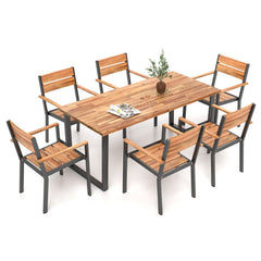7 Piece Acacia Patio Dining Set for 6, 63 Inch Table with Lidded 2 Inch Umbrella Hole and 6 Stackable Armchairs