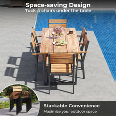 7 Piece Acacia Patio Dining Set for 6, 63 Inch Table with Lidded 2 Inch Umbrella Hole and 6 Stackable Armchairs