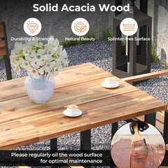 7 Piece Acacia Patio Dining Set for 6, 63 Inch Table with Lidded 2 Inch Umbrella Hole and 6 Stackable Armchairs