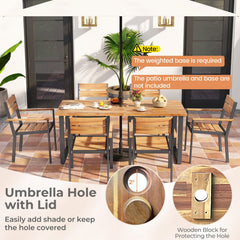 7 Piece Acacia Patio Dining Set for 6, 63 Inch Table with Lidded 2 Inch Umbrella Hole and 6 Stackable Armchairs