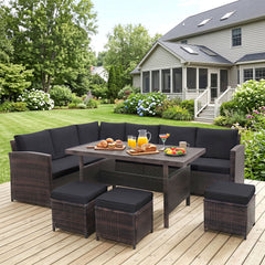 7 Piece Hand Woven Wicker Patio Set, 3 Sofa Sections, 3 Ottomans and 51 in Slatted Table, Black Cushions