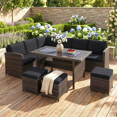 7 Piece Hand Woven Wicker Patio Set, 3 Sofa Sections, 3 Ottomans and 51 in Slatted Table, Black Cushions