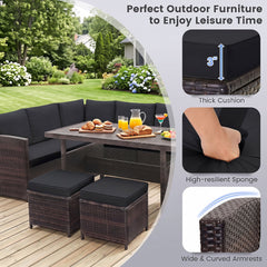 7 Piece Hand Woven Wicker Patio Set, 3 Sofa Sections, 3 Ottomans and 51 in Slatted Table, Black Cushions